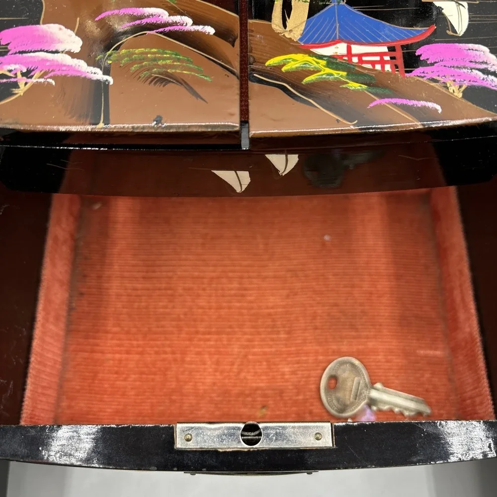 Vintage Japanese Black Lacquer Jewelry Music Box Painted Mountain Pagoda READ